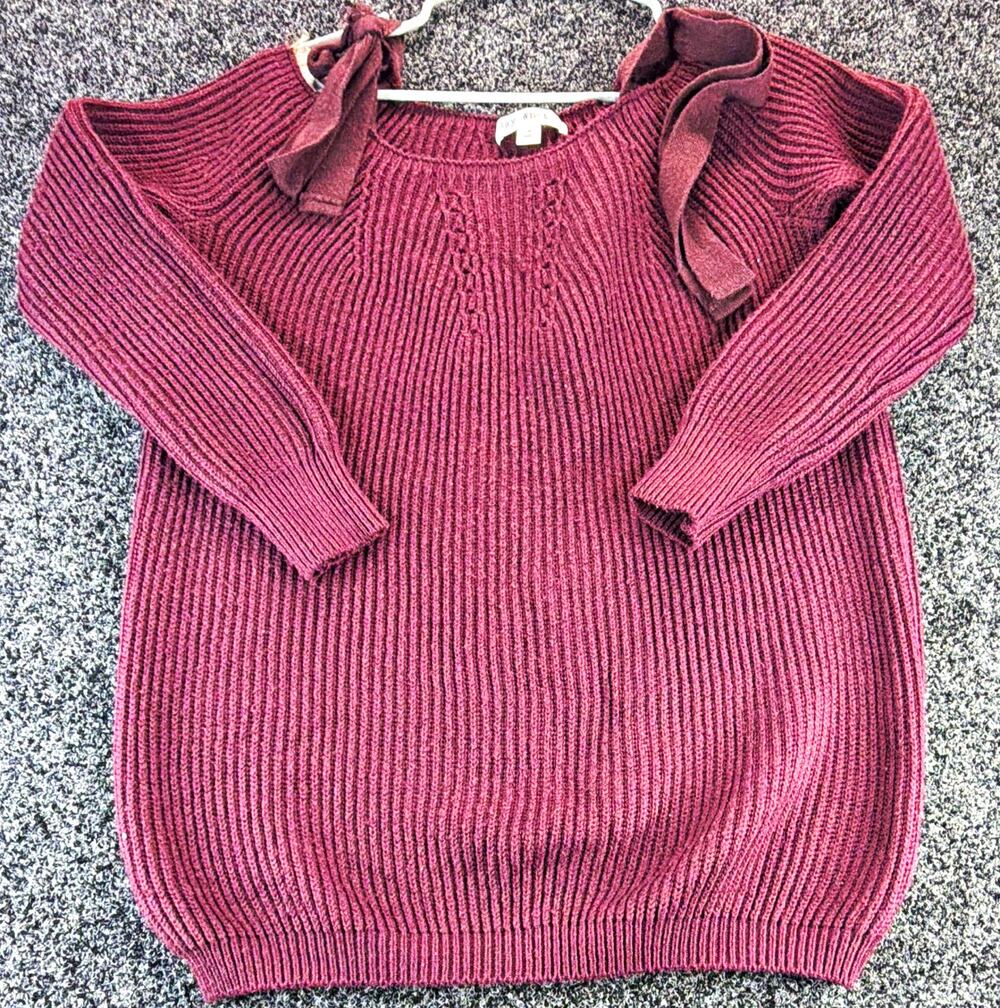 Say What? Women's Burgundy Rib-Knit Ruffle Shoulder Round Neck Sweater Size M